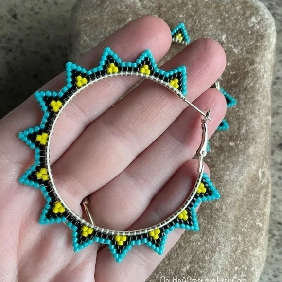 Turquoise and Yellow Sunburst  2” Beaded Hoops, New, Handmade by Me - Picture 9 of 9